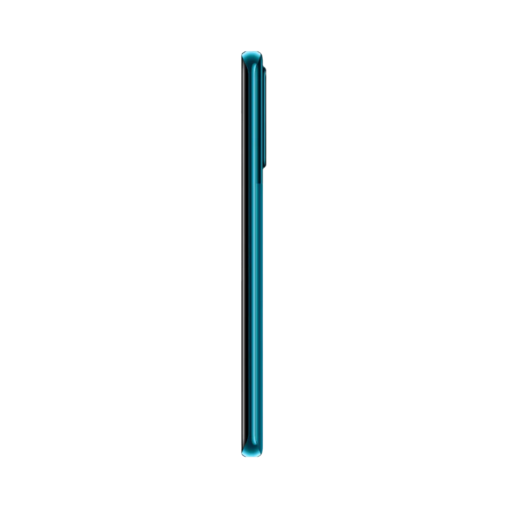 Huawei P30 Pro présenté de profil bleu océan, finesse du châssis incurvé et boutons latéraux visibles. Image optimisée iTelier Lyon pour réparation boutons, connecteur et diagnostic gratuit.
