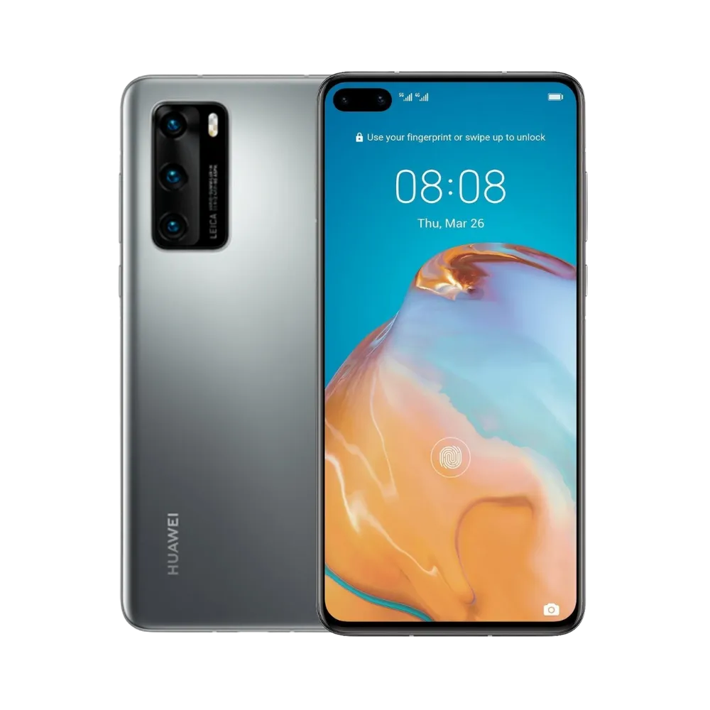 Photo Huawei P40 en vue avant avec écran allumé et arrière argenté visible, angle trois quarts. Image optimisée iTelier Lyon pour réparation écran OLED, batterie, diagnostic gratuit et pièces garanties.