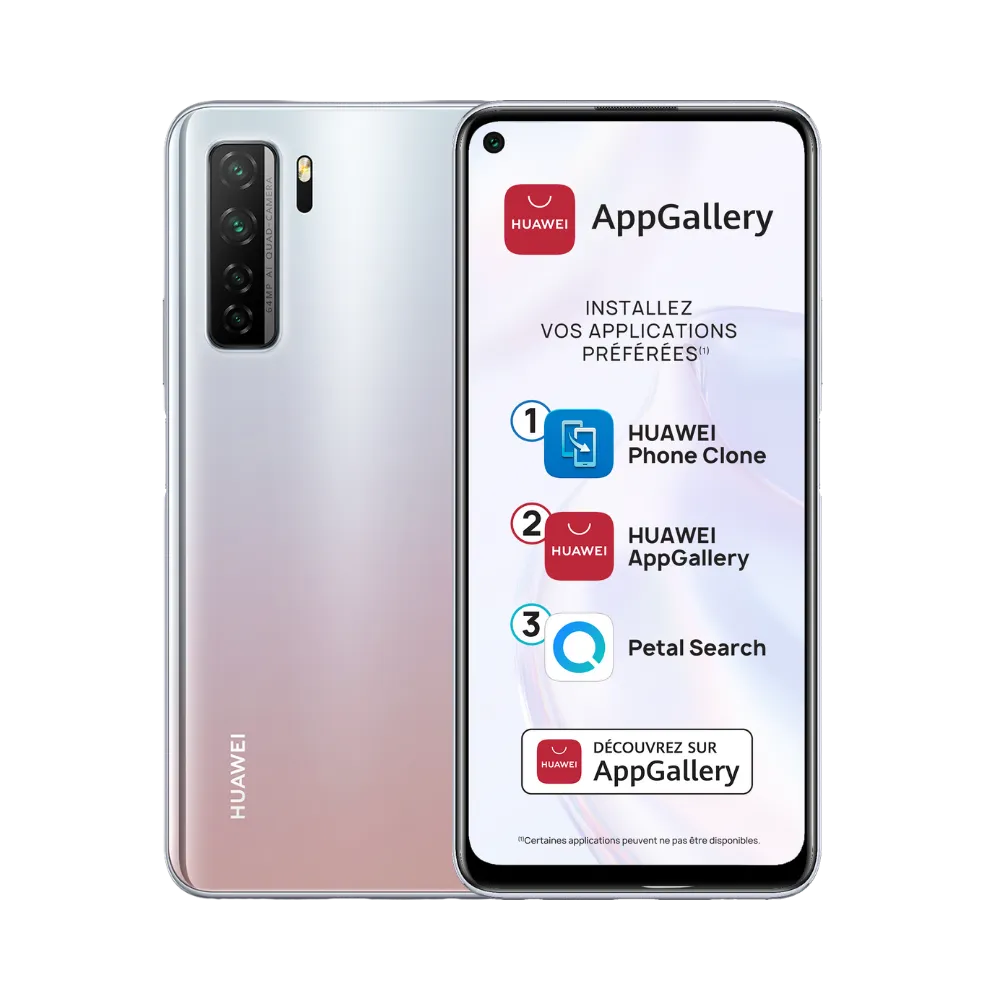 Photo Huawei P40 Lite 5G en vue avant avec écran allumé et arrière dégradé argent rosé visible, angle trois quarts. Image optimisée iTelier Lyon pour réparation écran LCD, batterie, diagnostic gratuit et pièces garanties.