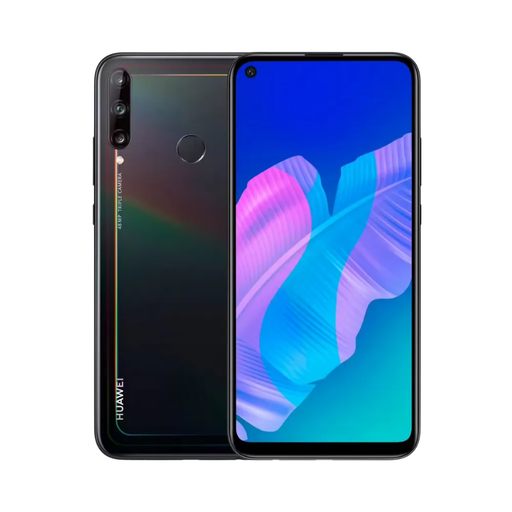 Photo Huawei P40 Lite E en vue avant avec écran allumé et arrière noir visible, angle trois quarts. Image optimisée iTelier Lyon pour réparation écran LCD, batterie, diagnostic gratuit et pièces garanties.