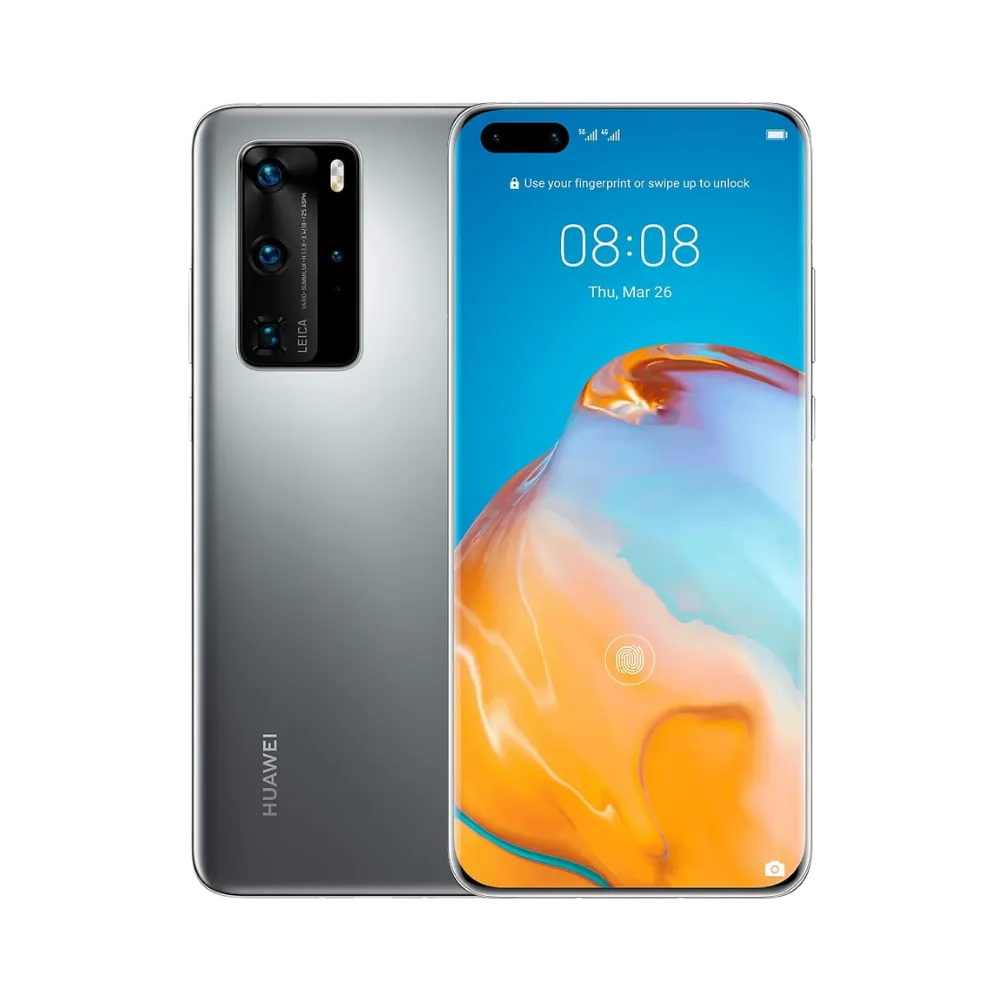 Photo Huawei P40 Pro en vue avant avec écran allumé et arrière argenté visible, angle trois quarts. Image optimisée iTelier Lyon pour réparation écran OLED incurvé, batterie, diagnostic gratuit et pièces garanties.