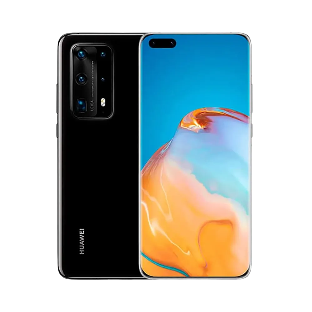 Photo Huawei P40 Pro Plus en vue avant avec écran allumé et arrière noir visible, angle trois quarts. Image optimisée iTelier Lyon pour réparation écran OLED incurvé, batterie, diagnostic gratuit et pièces garanties.