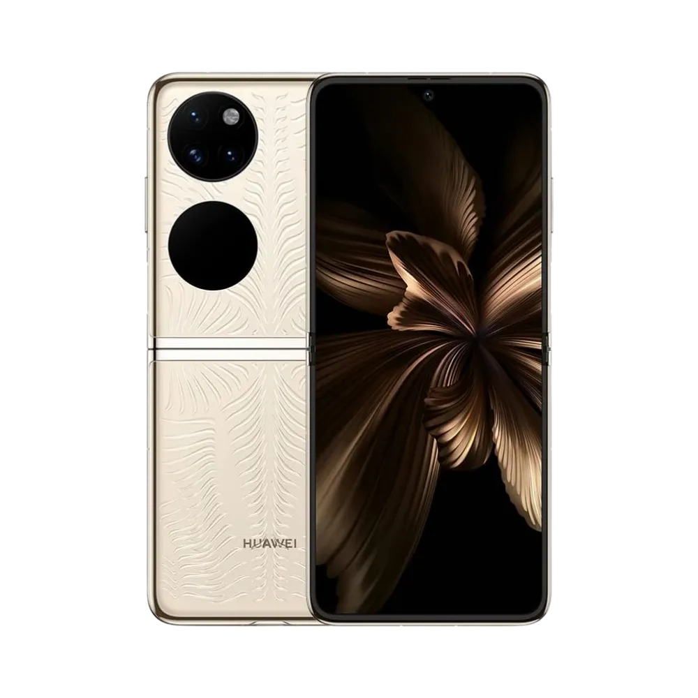 Photo Huawei P50 Pocket en vue avant avec écran allumé et arrière doré visible, angle trois quarts. Image optimisée iTelier Lyon pour réparation écran pliable OLED, batterie, diagnostic gratuit et pièces garanties.