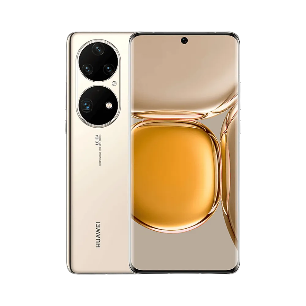 Photo Huawei P50 Pro en vue avant avec écran allumé et arrière doré visible, angle trois quarts. Image optimisée iTelier Lyon pour réparation écran OLED, batterie, diagnostic gratuit et pièces garanties.