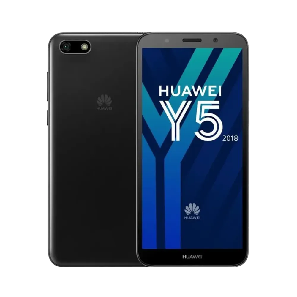Huawei Y5 2018 noir affiché de face et de dos côte à côte, écran allumé avec logo HUAWEI Y5 sur fond bleu, simple caméra arrière horizontale visible, parfait pour réparations écran et vitre arrière chez iTelier Lyon.