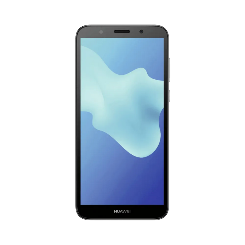 Huawei Y5 2018 noir en position verticale, écran allumé avec fond bleu clair, idéal pour illustrer réparation écran original et diagnostic gratuit chez iTelier Lyon.