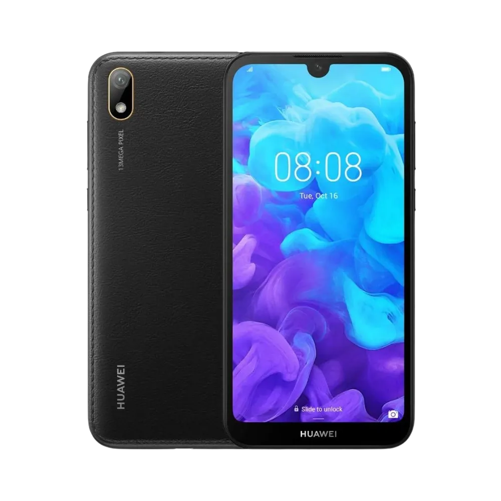 Huawei Y5 2019 noir affiché de face et de dos côte à côte, écran allumé avec fond bleu et violet, simple caméra arrière verticale visible, parfait pour réparations écran et vitre arrière chez iTelier Lyon.