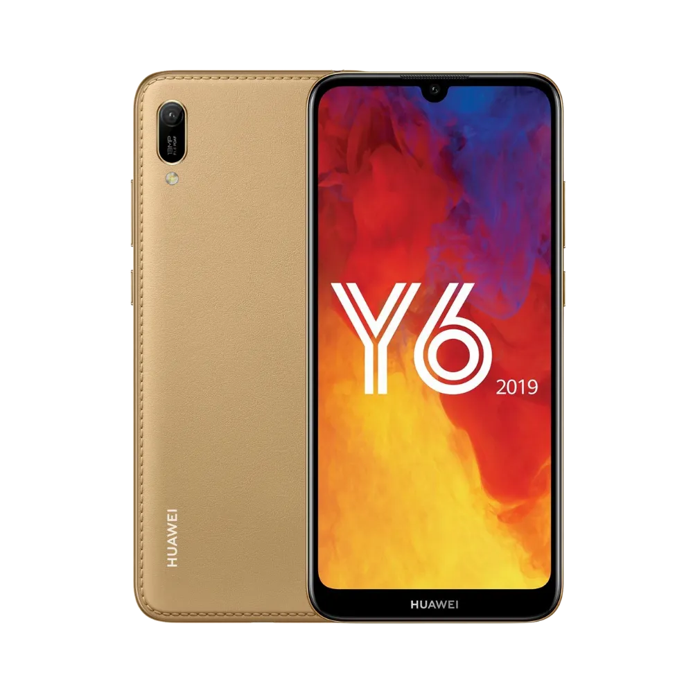 Huawei Y6 2019 doré affiché de face et de dos côte à côte, écran allumé avec logo Y6 sur fond rouge et orange, simple caméra arrière verticale visible, idéal pour réparations écran et vitre arrière chez iTelier Lyon.