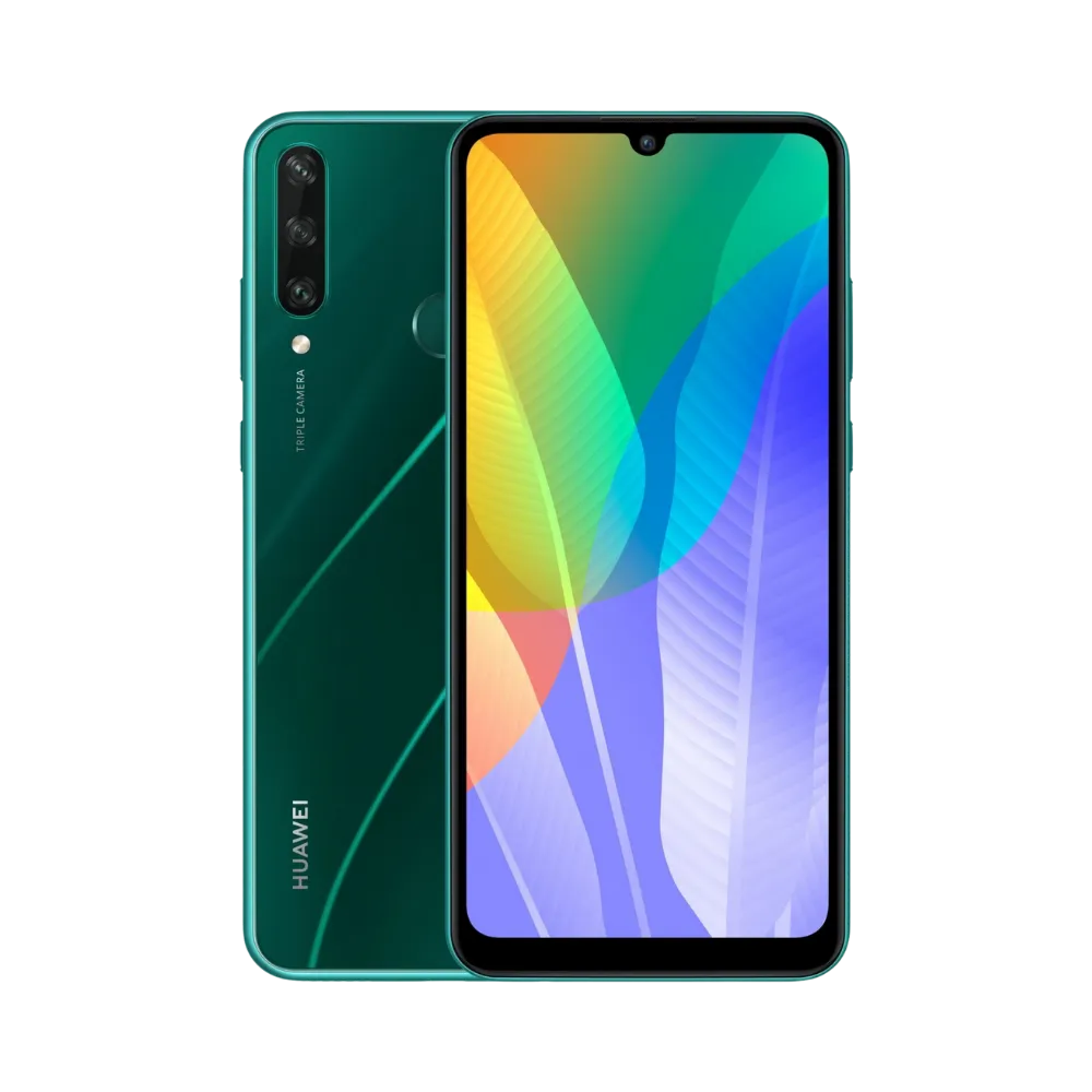 Huawei Y6p vert affiché de face et de dos côte à côte, écran allumé avec fond coloré et triple caméra arrière visible, parfait pour représenter réparations écran et vitre arrière chez iTelier Lyon.
