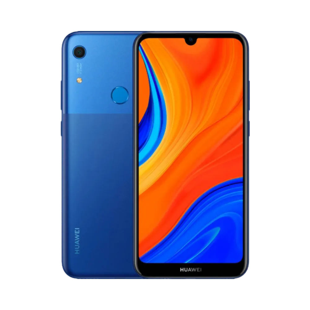 Huawei Y6s affiché de face et de dos côte à côte, smartphone bleu avec écran allumé en dégradé orange et bleu, idéal pour représenter réparation écran et vitre arrière chez iTelier Lyon.