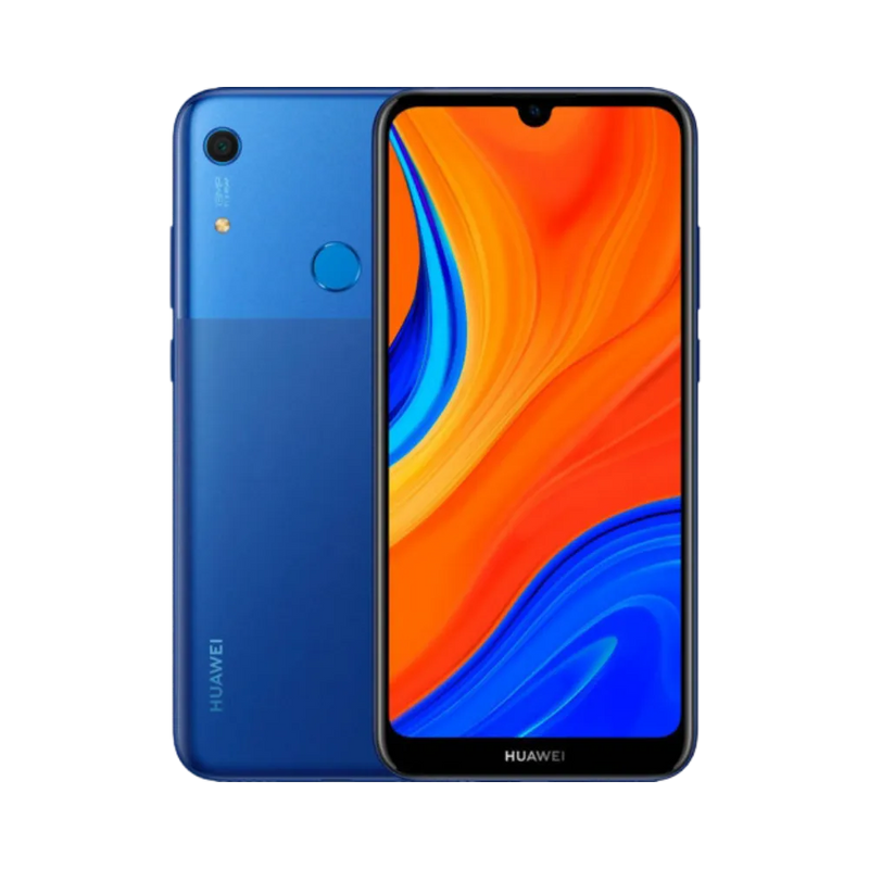 Huawei Y6s affiché de face et de dos côte à côte, smartphone bleu avec écran allumé en dégradé orange et bleu, idéal pour représenter réparation écran et vitre arrière chez iTelier Lyon.