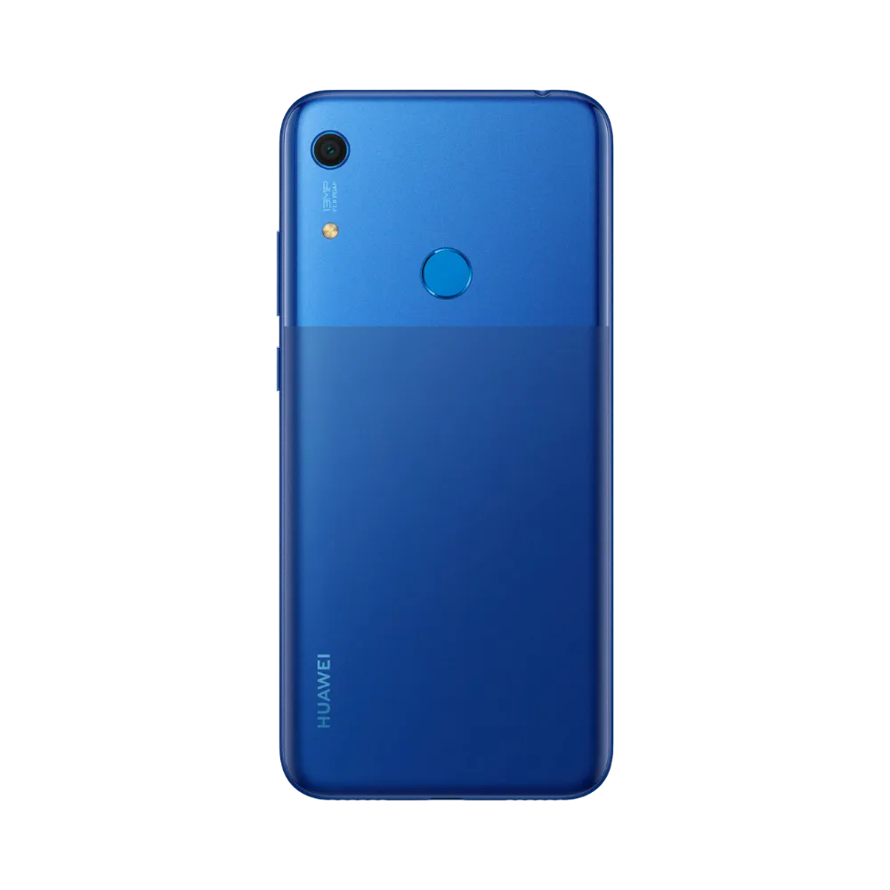 Huawei Y6s bleu vu de dos en position verticale, capteur d’empreinte et caméra arrière bien visibles, image optimisée pour réparation vitre arrière et remplacement caméra chez iTelier Lyon.
