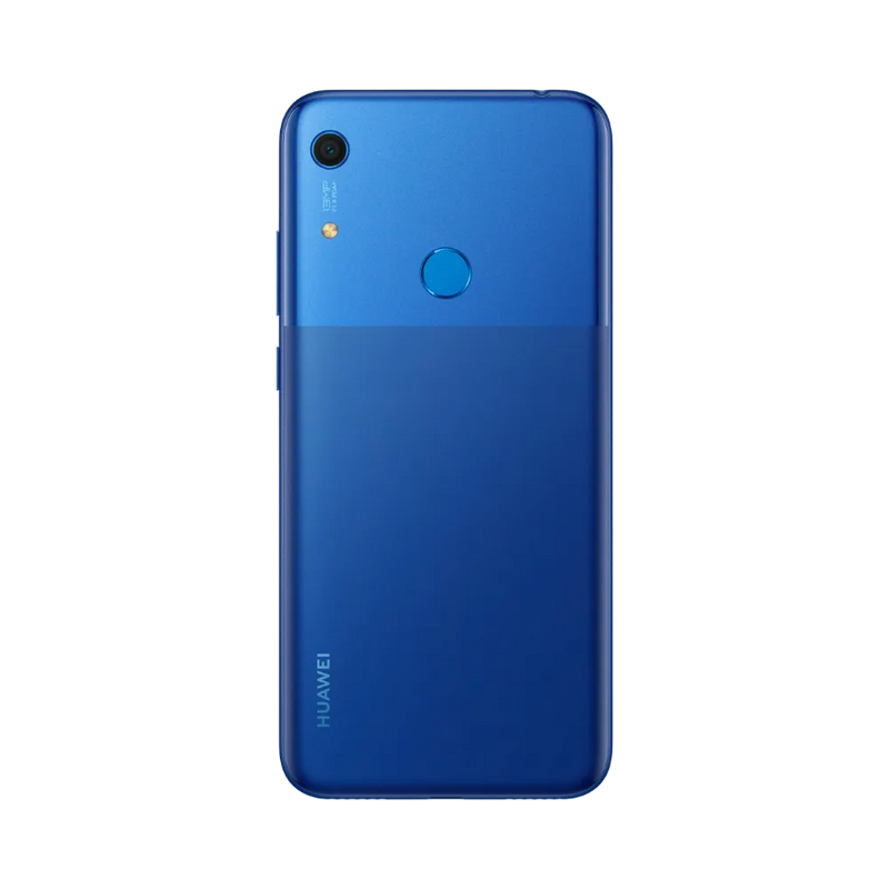 Huawei Y6s bleu vu de dos en position verticale, capteur d’empreinte et caméra arrière bien visibles, image optimisée pour réparation vitre arrière et remplacement caméra chez iTelier Lyon.