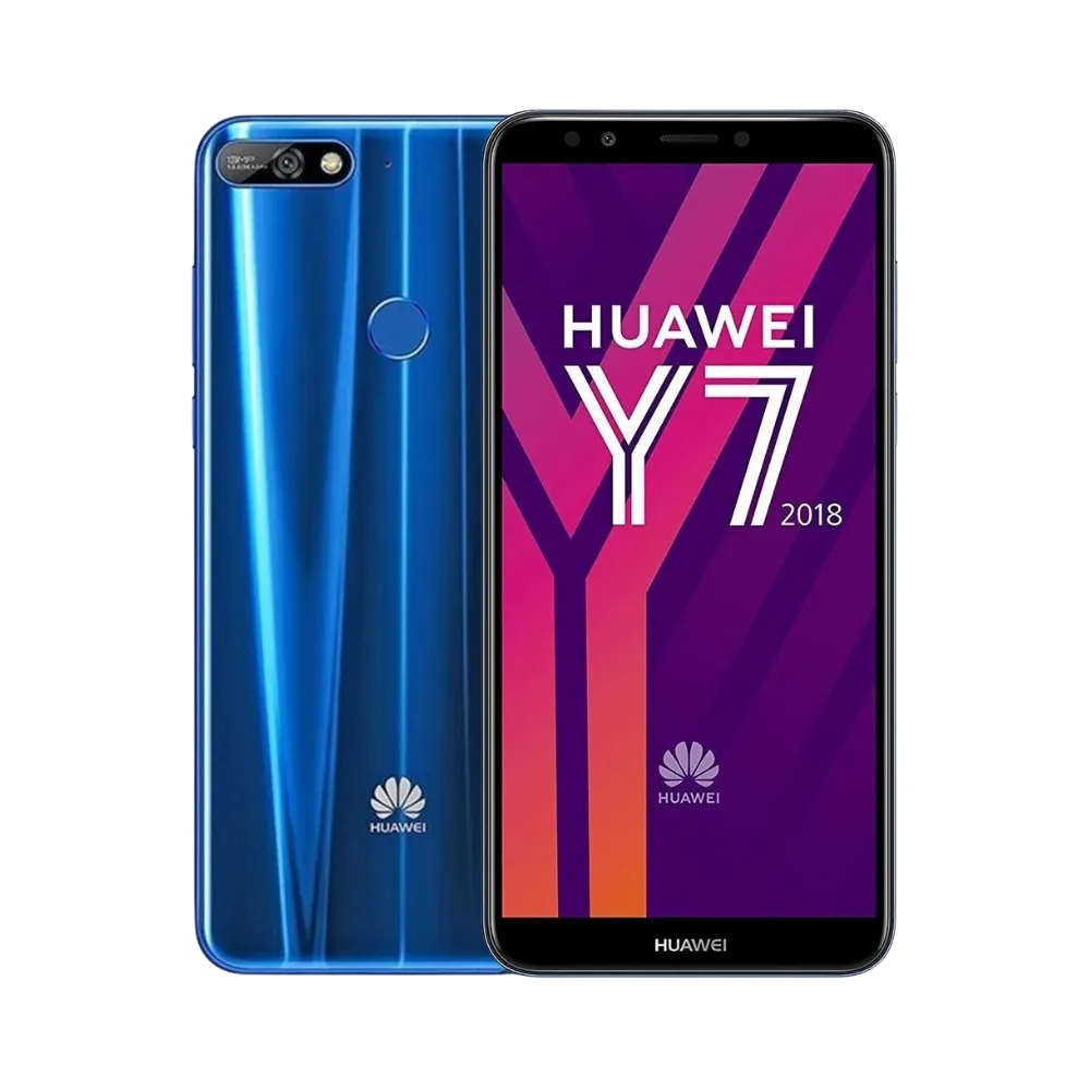 Huawei Y7 2018 bleu affiché de face et de dos côte à côte, écran allumé avec logo HUAWEI Y7 sur fond violet, double caméra arrière horizontale et lecteur d’empreinte visibles, idéal pour réparations écran et vitre arrière chez iTelier Lyon.