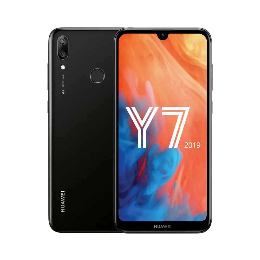 Huawei Y7 2019 noir affiché de face et de dos côte à côte, écran allumé avec fond coloré orange et bleu, double caméra arrière et capteur d’empreinte visibles, idéal pour réparations écran et vitre arrière chez iTelier Lyon.