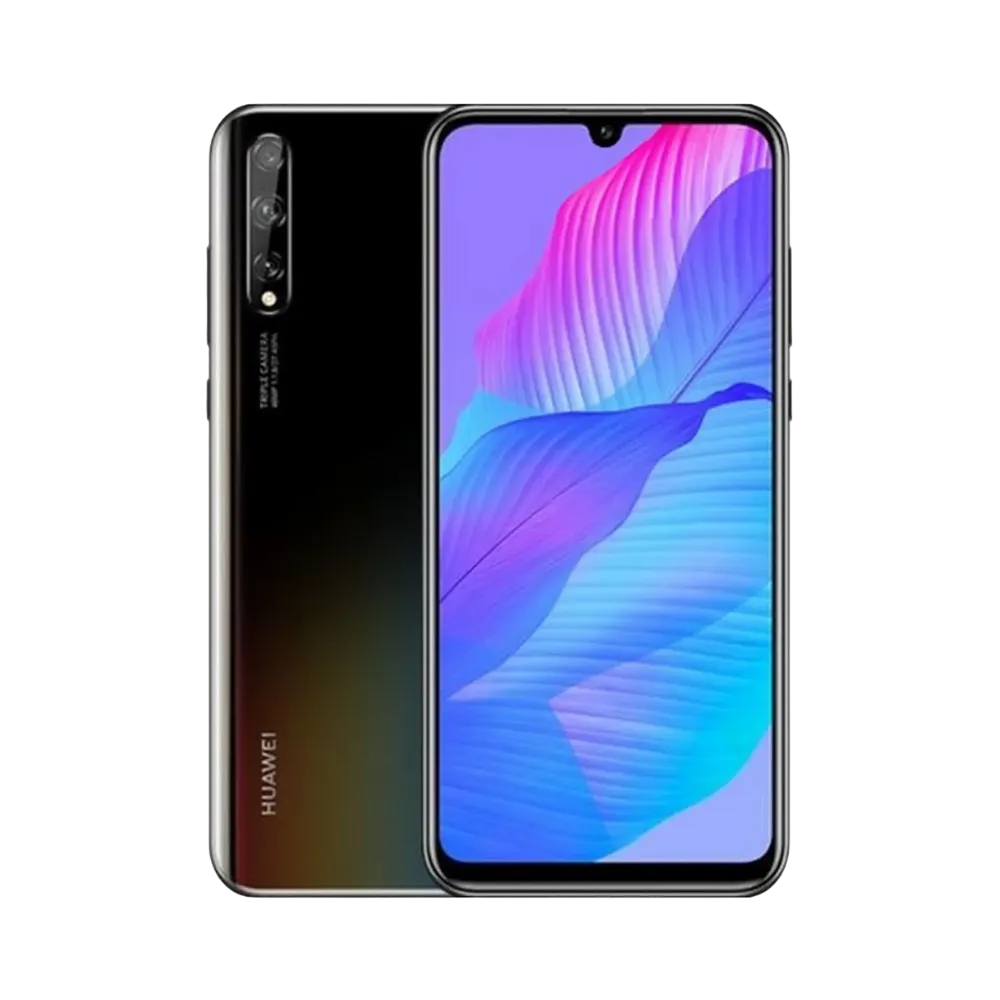 Huawei Y8p vu de face et de dos, smartphone légèrement incliné vers la gauche, écran allumé affichant un fond coloré, idéal pour représenter réparation écran et batterie chez iTelier Lyon.