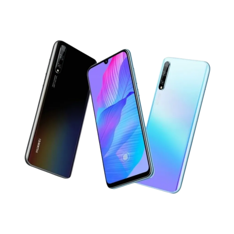 Deux Huawei Y8p croisés, l’un affichant l’écran allumé en dégradé coloré, l’autre montrant la vitre arrière brillante avec caméras, parfait pour représenter réparations écran et vitre arrière chez iTelier Lyon.