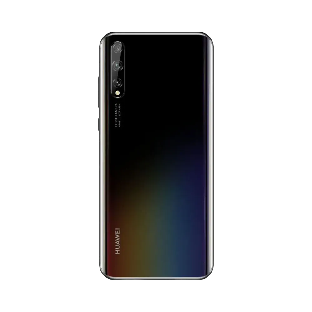 Huawei Y8p vu de dos, position verticale sur fond noir, triple caméra arrière bien visible, image optimisée pour réparation vitre arrière et remplacement caméra chez iTelier Lyon.