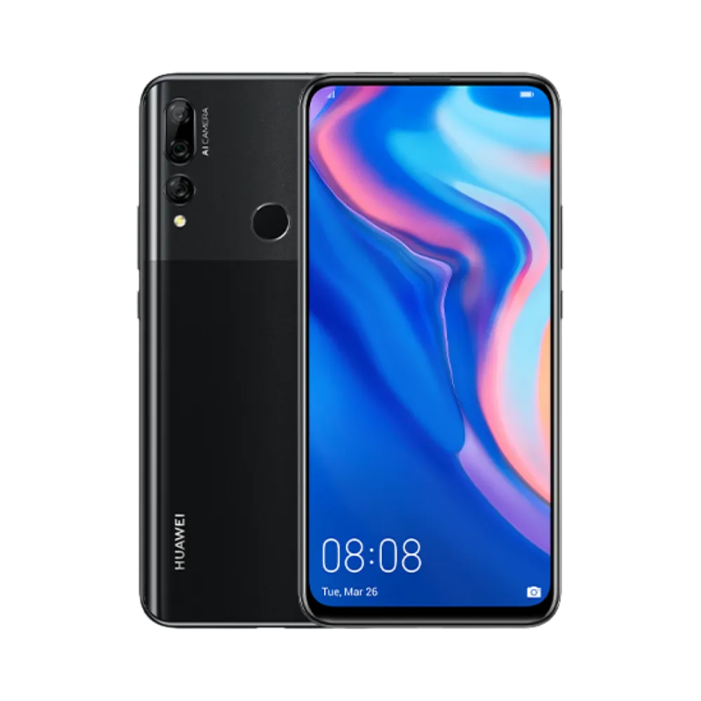 Huawei Y9 Prime 2019 affiché de face et de dos côte à côte, version noire, écran allumé en dégradé bleu et rose et triple caméra arrière visible, idéal pour réparations écran et vitre arrière chez iTelier Lyon.