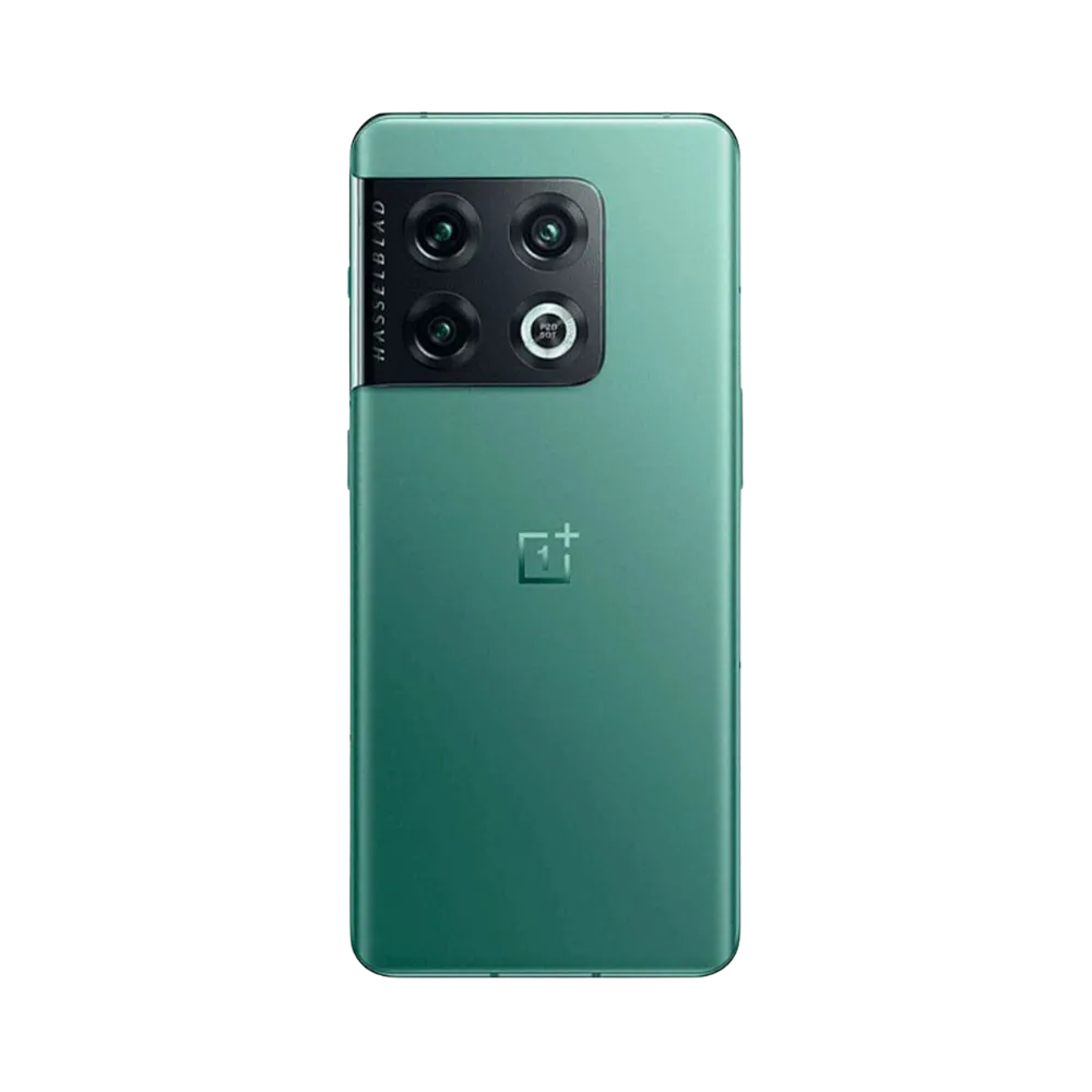 Réparation OnePlus 10 Pro iTelier Lyon – smartphone montré de dos en position verticale, coloris vert mat avec triple capteur photo Hasselblad logé dans un module rectangulaire noir, optimisé pour réparation vitre arrière, caméra et batterie.