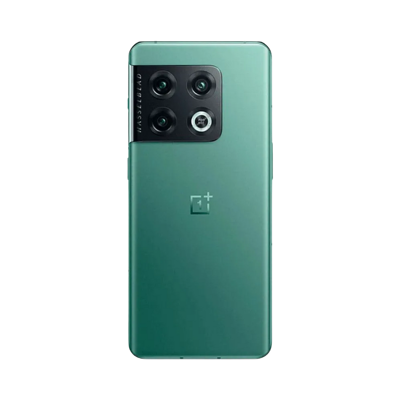Réparation OnePlus 10 Pro iTelier Lyon – smartphone montré de dos en position verticale, coloris vert mat avec triple capteur photo Hasselblad logé dans un module rectangulaire noir, optimisé pour réparation vitre arrière, caméra et batterie.