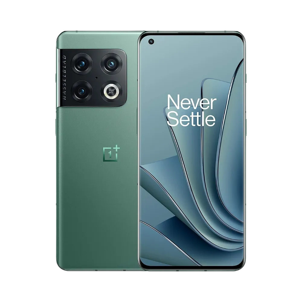 Réparation OnePlus 10 Pro iTelier Lyon – smartphone affiché avec écran avant allumé en position verticale et dos vert mat visible à gauche avec triple capteur photo Hasselblad rectangulaire, optimisé pour remplacement écran, batterie et diagnostic gratuit.