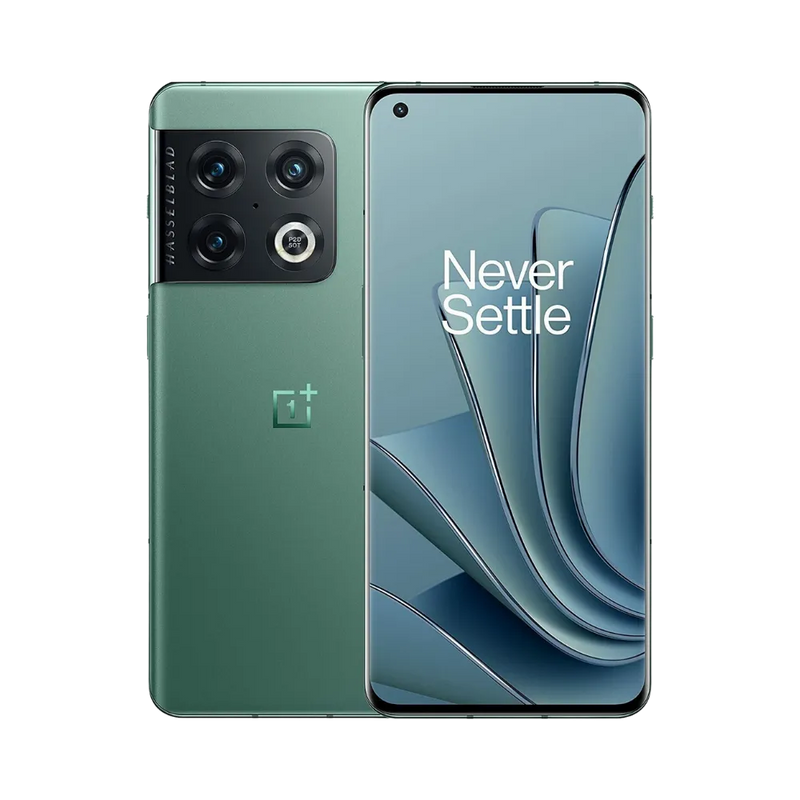 Réparation OnePlus 10 Pro iTelier Lyon – smartphone affiché avec écran avant allumé en position verticale et dos vert mat visible à gauche avec triple capteur photo Hasselblad rectangulaire, optimisé pour remplacement écran, batterie et diagnostic gratuit.