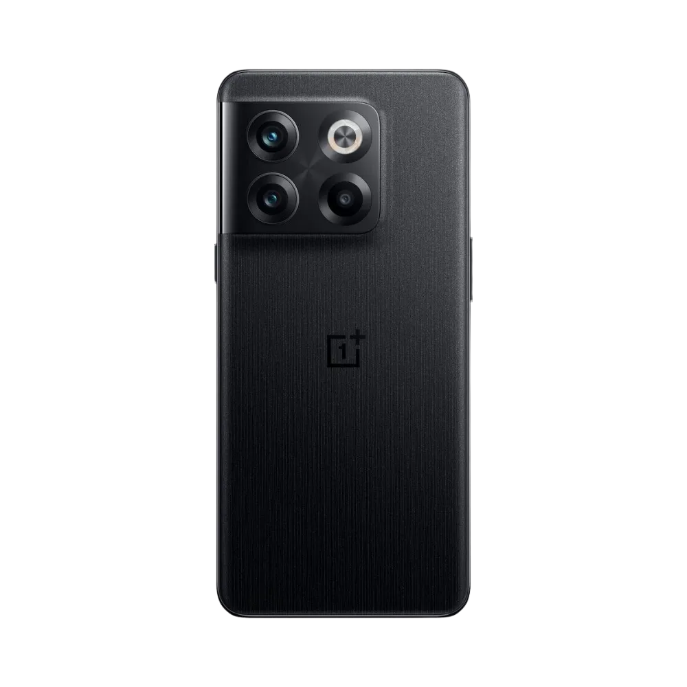 Réparation OnePlus 10T iTelier Lyon – smartphone montré de dos en position verticale, coloris noir mat avec triple capteur photo rectangulaire, optimisé pour réparation vitre arrière, caméra et batterie.