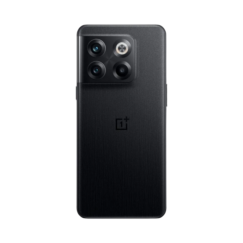 Réparation OnePlus 10T iTelier Lyon – smartphone montré de dos en position verticale, coloris noir mat avec triple capteur photo rectangulaire, optimisé pour réparation vitre arrière, caméra et batterie.