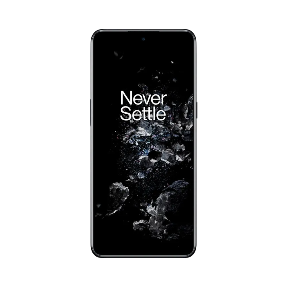 Réparation OnePlus 10T iTelier Lyon – téléphone présenté de face en position verticale, écran allumé avec fond sombre marqué Never Settle, idéal pour réparation écran, diagnostic offert et changement batterie rapide.