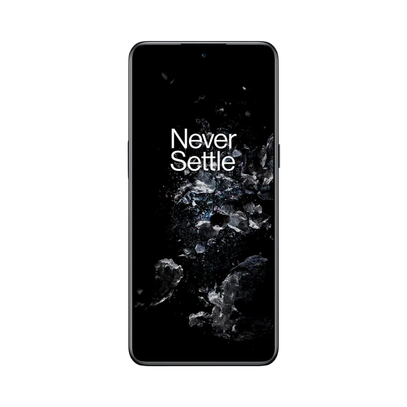 Réparation OnePlus 10T iTelier Lyon – téléphone présenté de face en position verticale, écran allumé avec fond sombre marqué Never Settle, idéal pour réparation écran, diagnostic offert et changement batterie rapide.