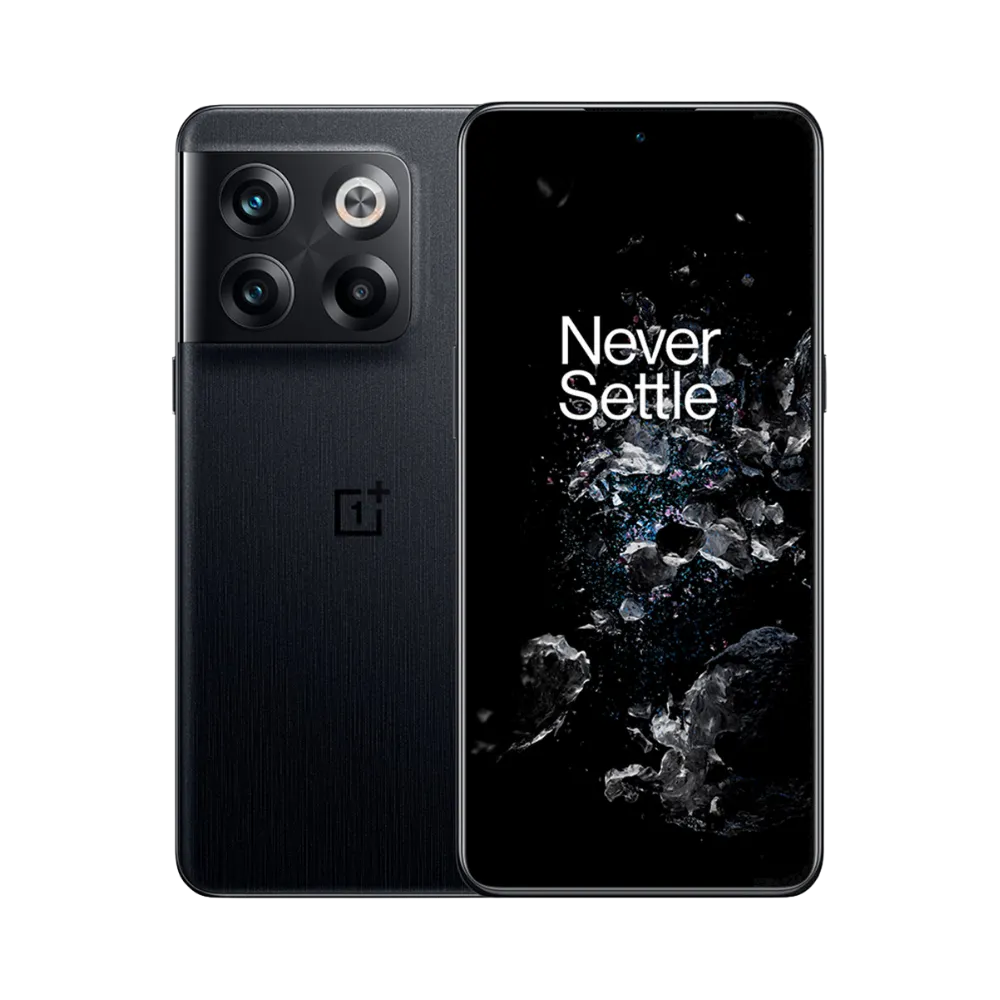 Réparation OnePlus 10T iTelier Lyon – smartphone affiché avec écran avant allumé en position verticale et dos noir mat visible à gauche avec triple capteur photo rectangulaire, optimisé pour remplacement écran, batterie et diagnostic gratuit.