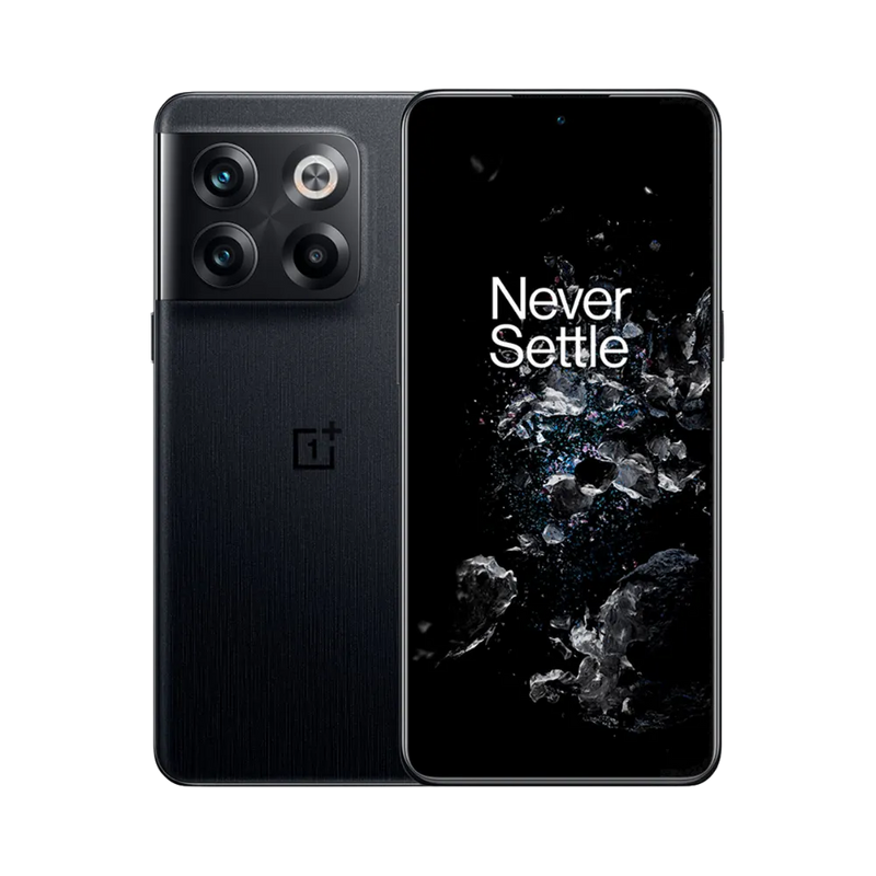 Réparation OnePlus 10T iTelier Lyon – smartphone affiché avec écran avant allumé en position verticale et dos noir mat visible à gauche avec triple capteur photo rectangulaire, optimisé pour remplacement écran, batterie et diagnostic gratuit.