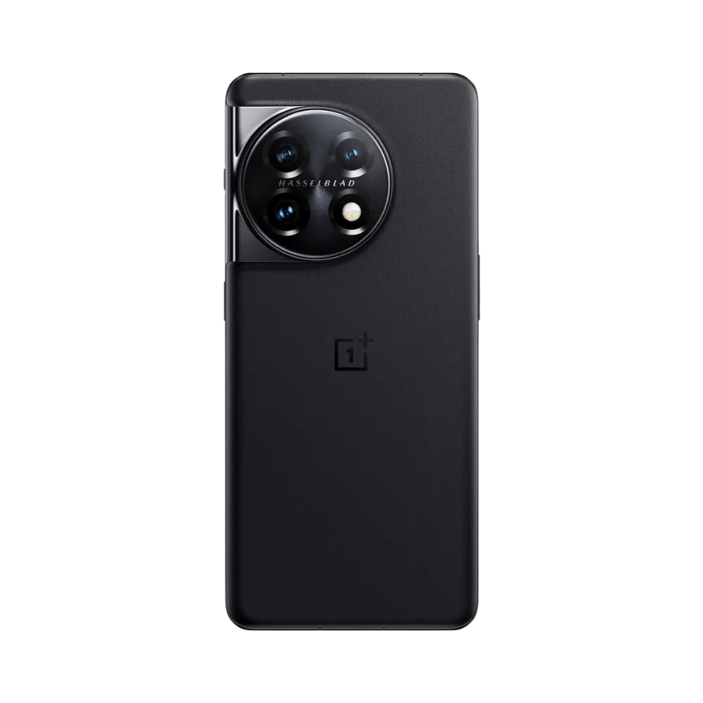Réparation OnePlus 11 iTelier Lyon – smartphone montré de dos en position verticale, coloris noir mat avec triple capteur photo circulaire Hasselblad, optimisé pour réparation vitre arrière, caméra et batterie.