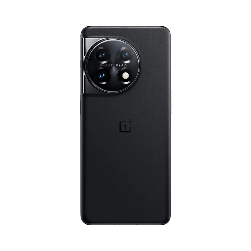 Réparation OnePlus 11 iTelier Lyon – smartphone montré de dos en position verticale, coloris noir mat avec triple capteur photo circulaire Hasselblad, optimisé pour réparation vitre arrière, caméra et batterie.