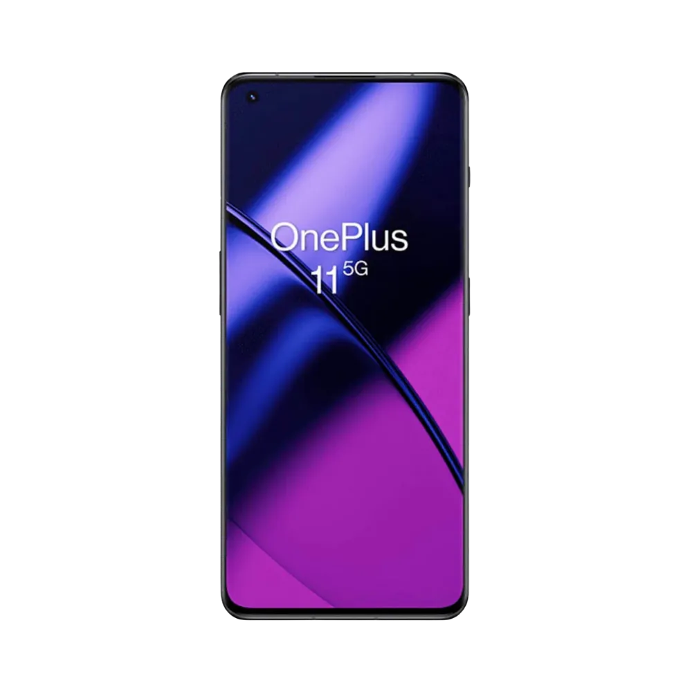 Réparation OnePlus 11 iTelier Lyon – téléphone présenté de face en position verticale, écran allumé avec fond violet et noir marqué Never Settle, idéal pour réparation écran, diagnostic offert et changement batterie rapide.
