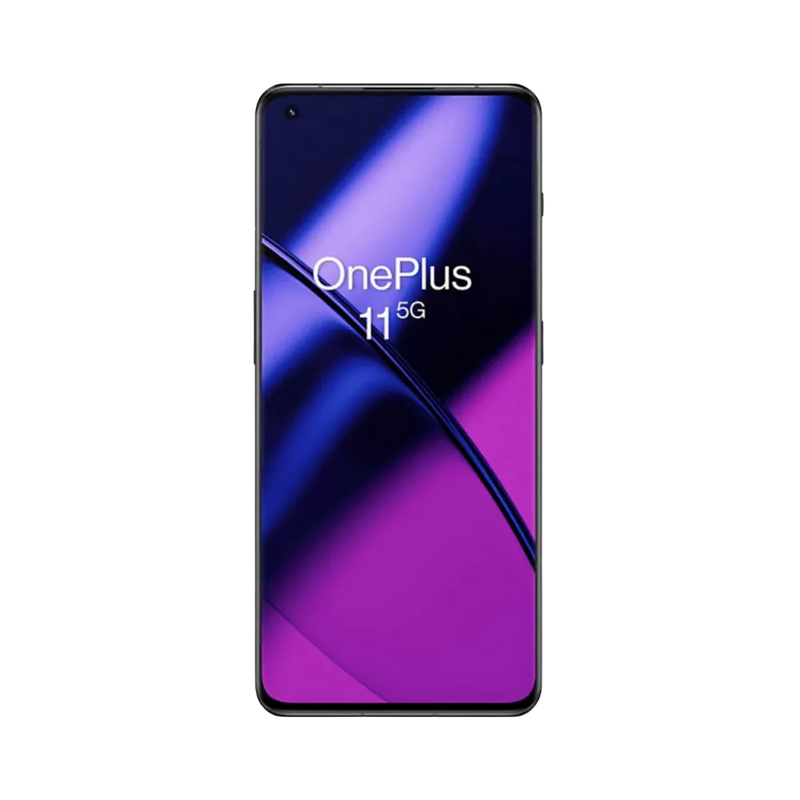 Réparation OnePlus 11 iTelier Lyon – téléphone présenté de face en position verticale, écran allumé avec fond violet et noir marqué Never Settle, idéal pour réparation écran, diagnostic offert et changement batterie rapide.