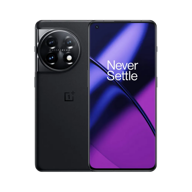 Réparation OnePlus 11 iTelier Lyon – smartphone affiché avec écran avant allumé en position verticale et dos noir mat visible à gauche avec triple capteur photo circulaire Hasselblad, optimisé pour remplacement écran, batterie et diagnostic gratuit.