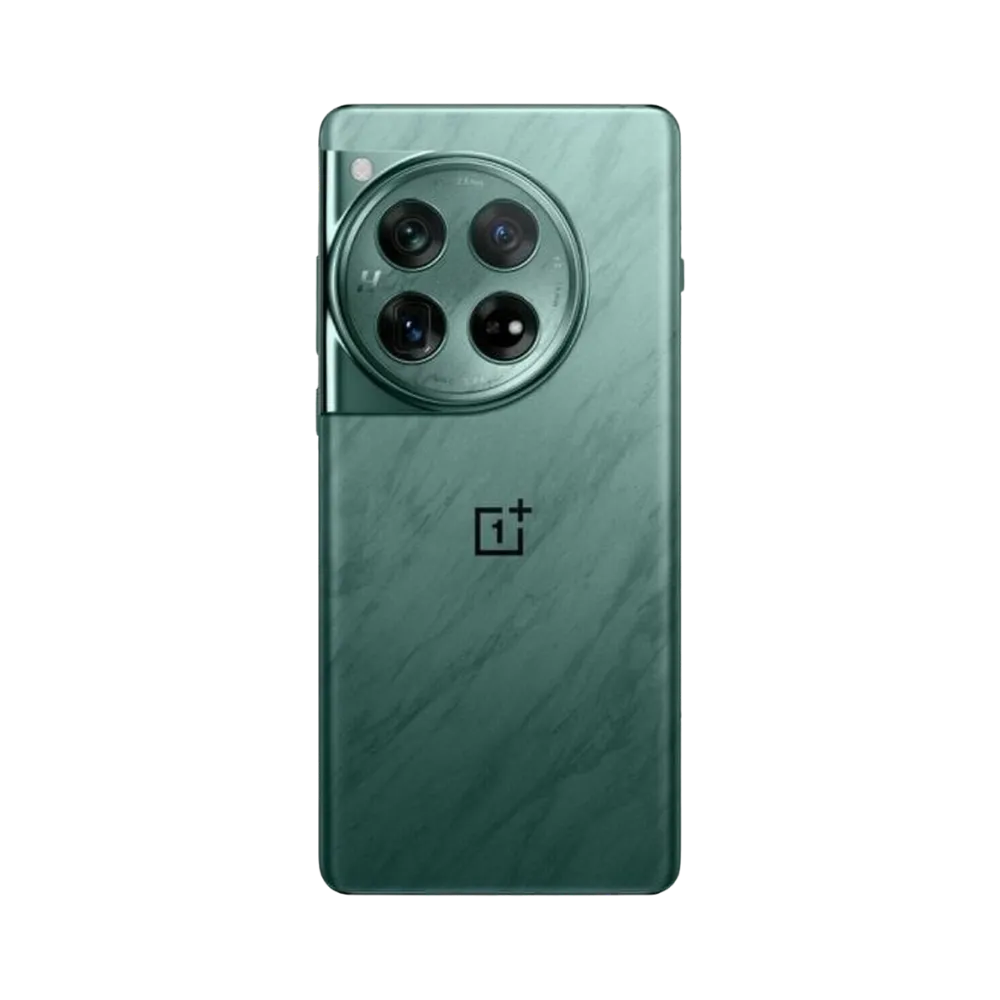 Réparation OnePlus 12 iTelier Lyon – smartphone montré de dos en position verticale, coloris vert foncé avec quadruple capteur photo circulaire, optimisé pour réparation vitre arrière, caméra et batterie.