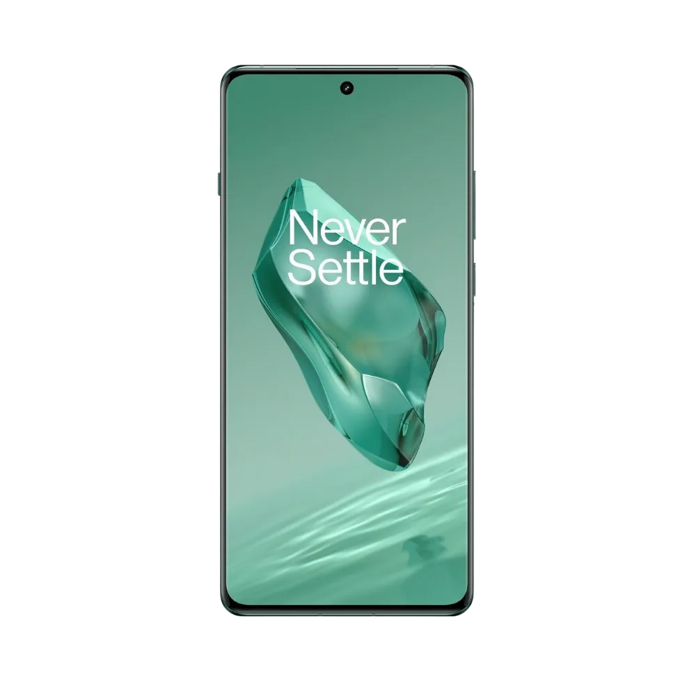 Réparation OnePlus 12 iTelier Lyon – téléphone présenté de face en position verticale, écran allumé avec fond vert et logo Never Settle, idéal pour réparation écran, diagnostic offert et changement batterie rapide.