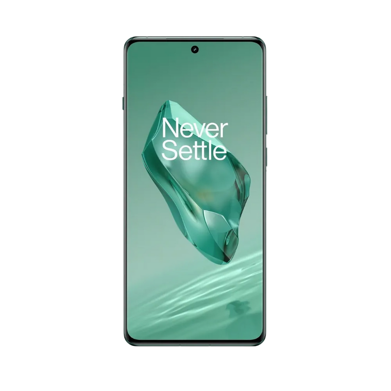 Réparation OnePlus 12 iTelier Lyon – téléphone présenté de face en position verticale, écran allumé avec fond vert et logo Never Settle, idéal pour réparation écran, diagnostic offert et changement batterie rapide.