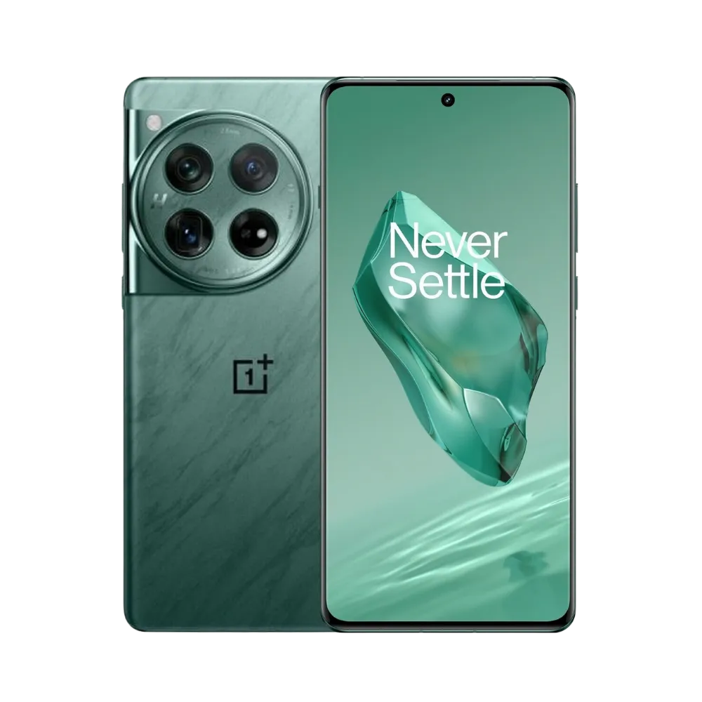 Réparation OnePlus 12 iTelier Lyon – smartphone affiché avec écran avant allumé en position verticale et dos vert foncé visible à gauche avec quadruple capteur photo circulaire, optimisé pour remplacement écran, batterie et diagnostic gratuit.
