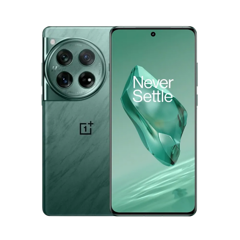 Réparation OnePlus 12 iTelier Lyon – smartphone affiché avec écran avant allumé en position verticale et dos vert foncé visible à gauche avec quadruple capteur photo circulaire, optimisé pour remplacement écran, batterie et diagnostic gratuit.
