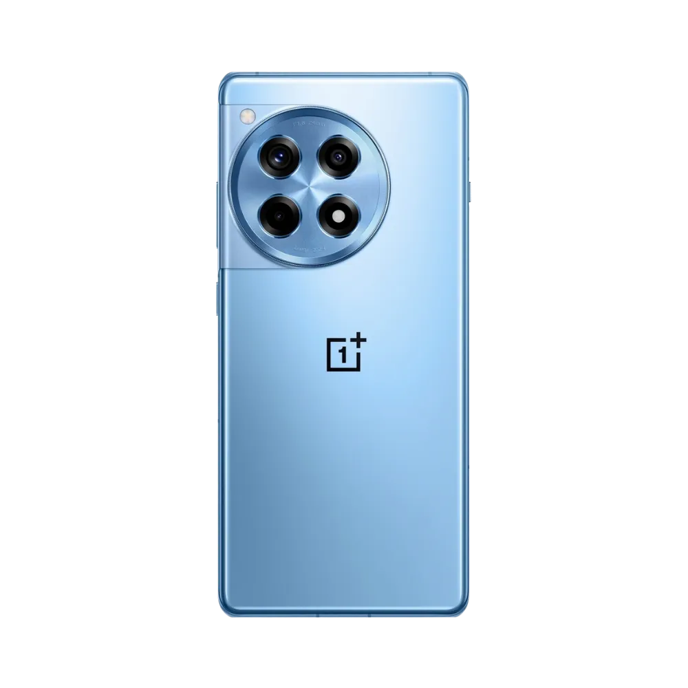 Réparation OnePlus 12R iTelier Lyon – smartphone montré de dos en position verticale, coloris bleu clair avec triple capteur photo circulaire, optimisé pour réparation vitre arrière, caméra et batterie.