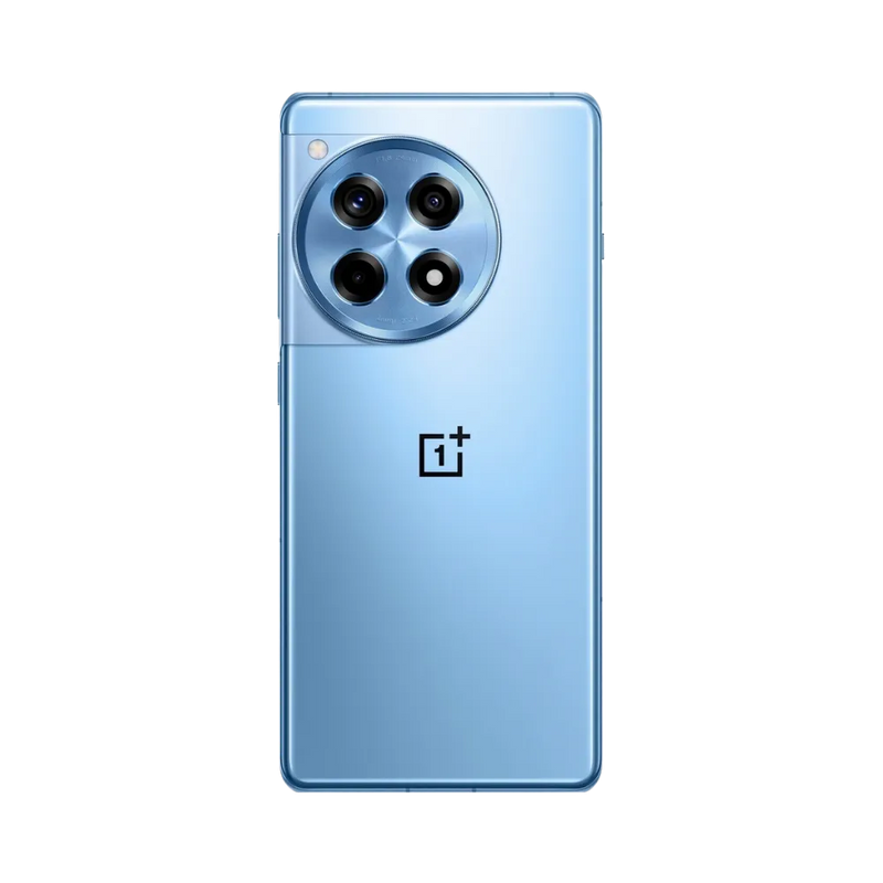 Réparation OnePlus 12R iTelier Lyon – smartphone montré de dos en position verticale, coloris bleu clair avec triple capteur photo circulaire, optimisé pour réparation vitre arrière, caméra et batterie.