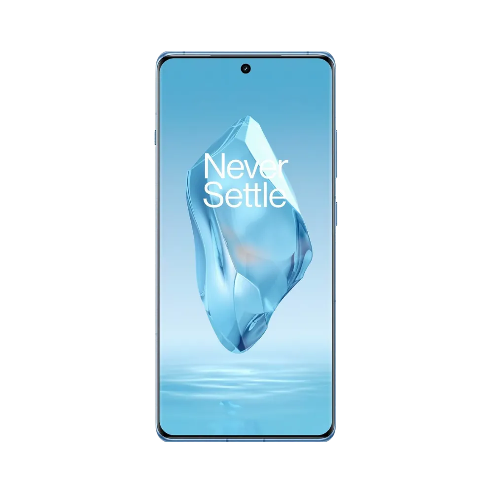Réparation OnePlus 12R iTelier Lyon – téléphone présenté de face en position verticale, écran allumé avec fond bleu clair et logo Never Settle, idéal pour réparation écran, diagnostic offert et changement batterie rapide.