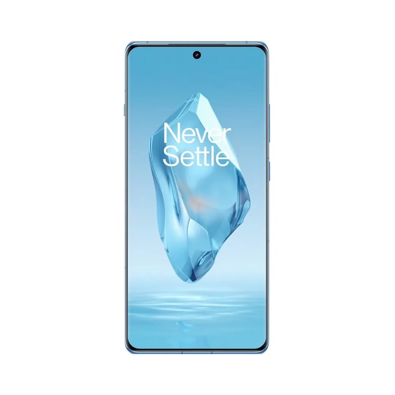 Réparation OnePlus 12R iTelier Lyon – téléphone présenté de face en position verticale, écran allumé avec fond bleu clair et logo Never Settle, idéal pour réparation écran, diagnostic offert et changement batterie rapide.
