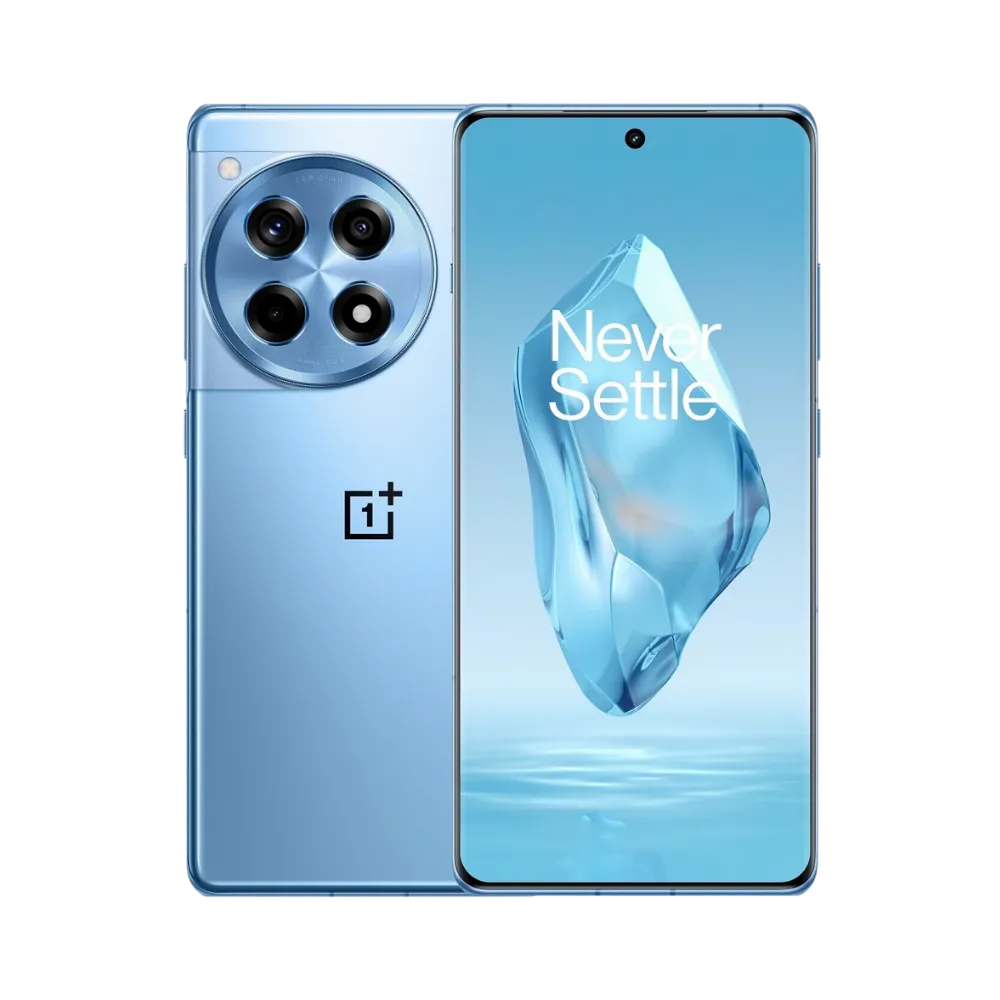 Réparation OnePlus 12R iTelier Lyon – smartphone affiché avec écran avant allumé en position verticale et dos bleu clair visible à gauche avec triple capteur photo circulaire, optimisé pour remplacement écran, batterie et diagnostic gratuit.