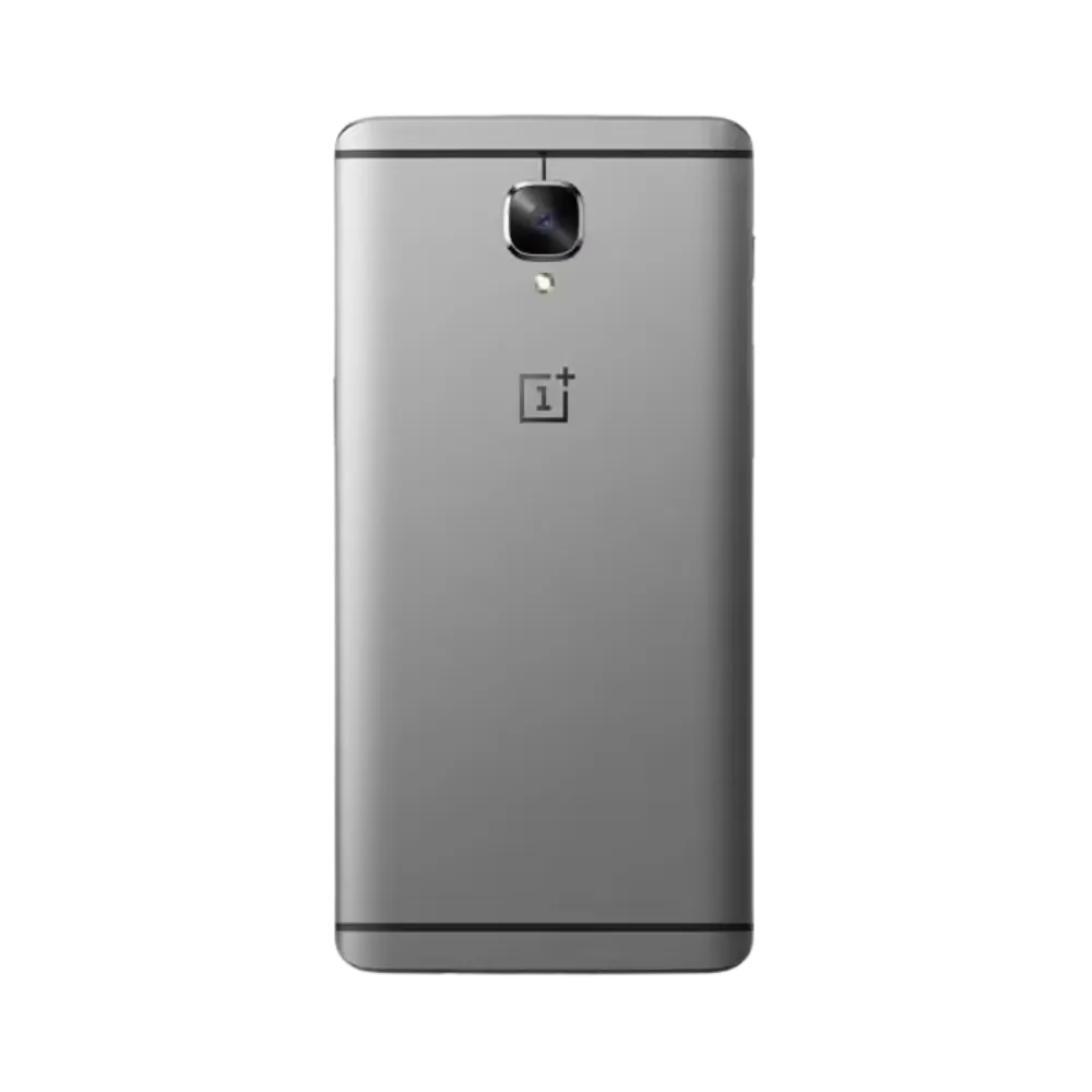 Réparation OnePlus 3 iTelier Lyon – smartphone montré de dos en position verticale, coloris gris métallique avec capteur photo et flash LED centrés, optimisé pour réparation vitre arrière, caméra et batterie.