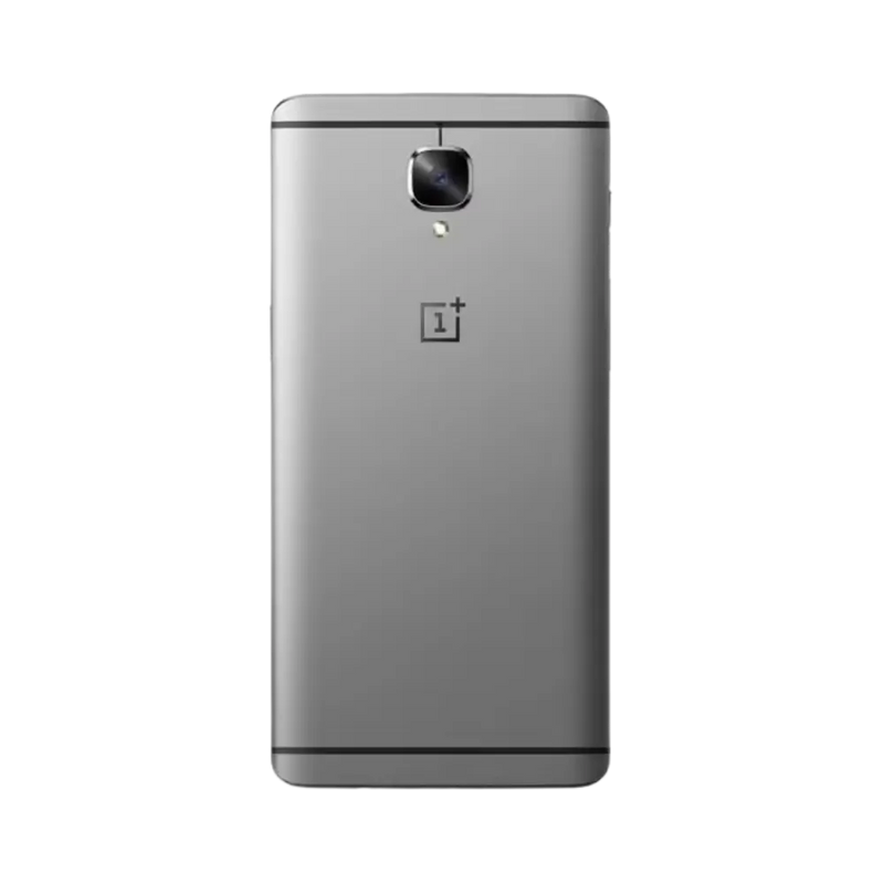 Réparation OnePlus 3 iTelier Lyon – smartphone montré de dos en position verticale, coloris gris métallique avec capteur photo et flash LED centrés, optimisé pour réparation vitre arrière, caméra et batterie.